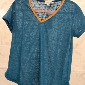 Molly Bracken Teal V-Neck Short Sleeve Top with Gold Trim